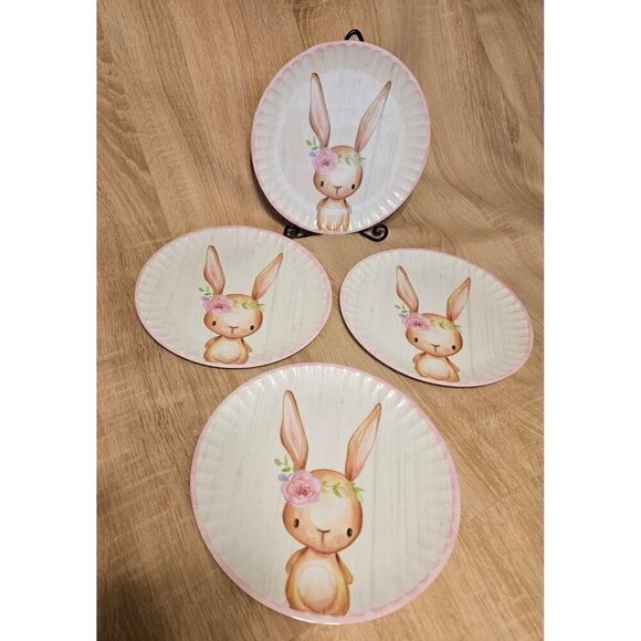 Set Of 4 Bunny Boulevard Melamine 10.5" Dinner Plates Cute Floral Easter Bunny - Picture 1 of 5